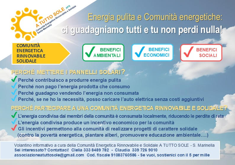 Volantino A Tutto Sole - Energia pulita e Comunità energetiche: benefici ambientali, economici e sociali